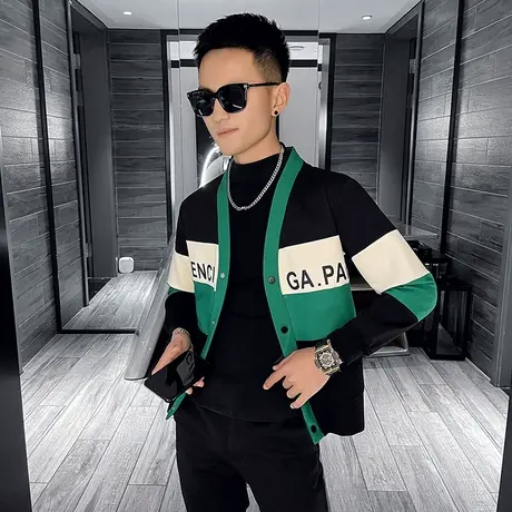 秋季男士拼色拼接夹克外套上衣学生网红修身潮牌潮流时尚休闲开衫商品大图