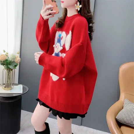 氛围感圣诞雪人红色圆领毛衣女冬季2023新款宽松慵懒风减龄针织衫商品大图
