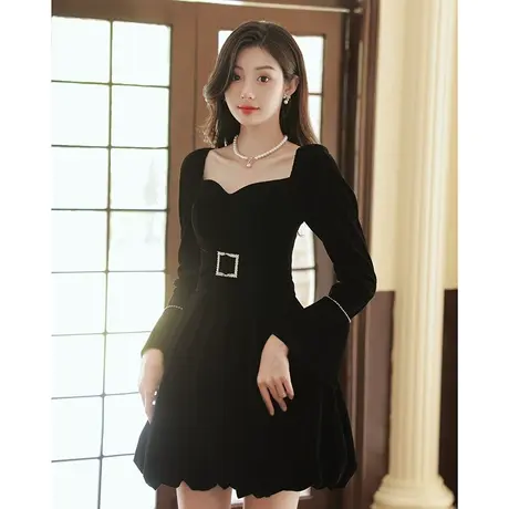 法式小晚礼服2023新款小个子平时可穿黑色长袖气质名媛party短款图片