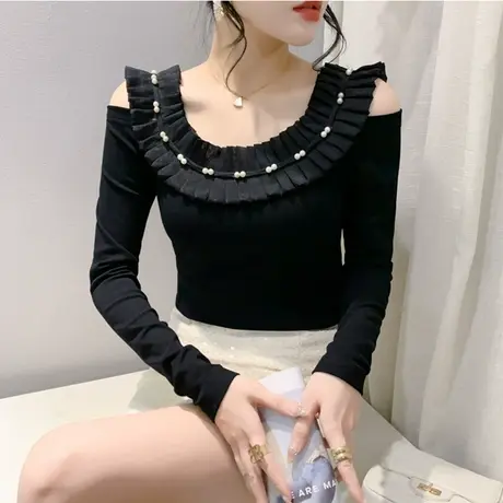 性感一字领露肩重工钉珠长袖打底衫气质减龄花边上衣女修身T恤ins图片