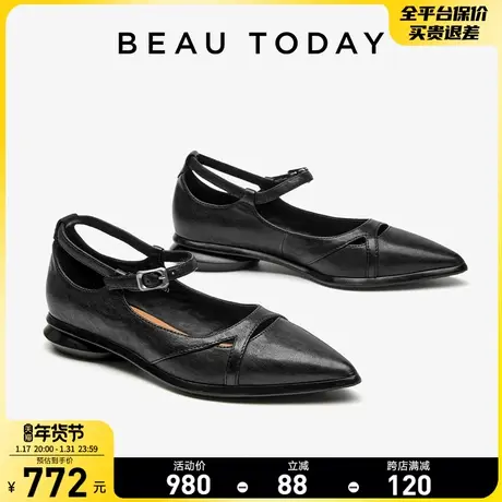 BeauToday真皮浅口单鞋女法式玛丽珍鞋BT复古尖头小皮鞋一字扣商品大图