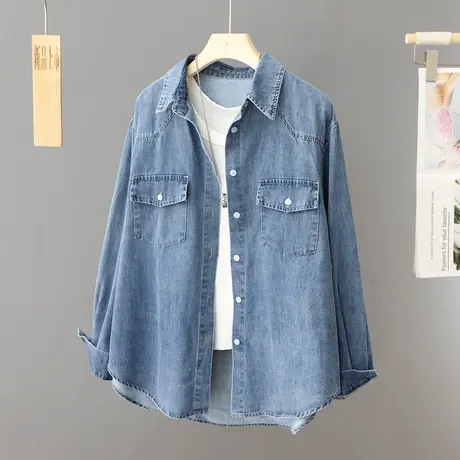 休闲双口袋牛仔衬衫外套女宽松大码中长款韩版复古上衣春秋衬衣潮图片