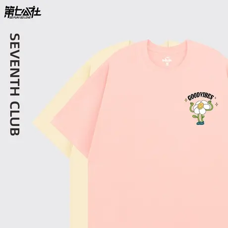 第七公社粉色纯棉短袖t恤女宽松2024新款潮牌卡通印花小个子上衣商品大图