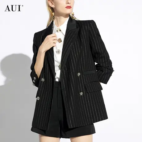 AUI黑色条纹廓形宽松西装外套女2024春秋新款设计感职业休闲西服图片