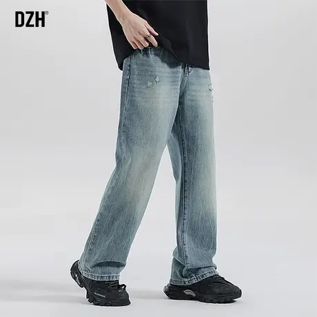 男士水洗破洞牛仔裤男春季直筒宽松2024新款裤子美式高街阔腿长裤商品大图