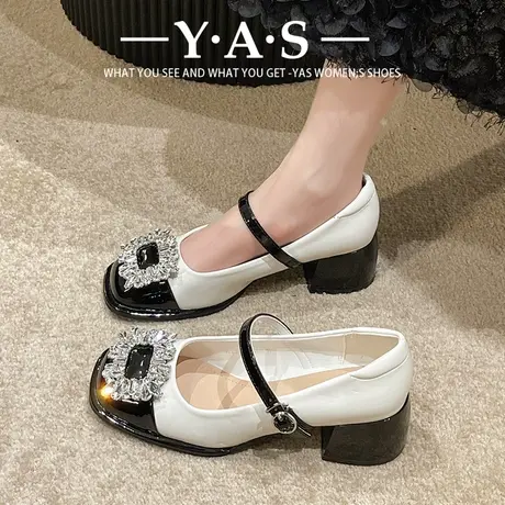 法式粗跟小香风气质单鞋女浅口一字扣玛丽珍高跟鞋配裙子中跟漆皮图片