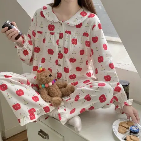 秋冬亲肤纯棉磨毛复古显白苹果蛋糕睡衣女可爱娃娃领ins家居服商品大图