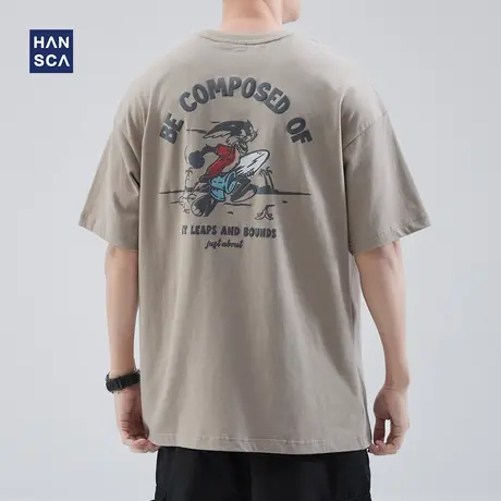 hansca 美式兔子印花短袖T恤男夏季纯棉宽松大码休闲潮流半袖上衣商品大图