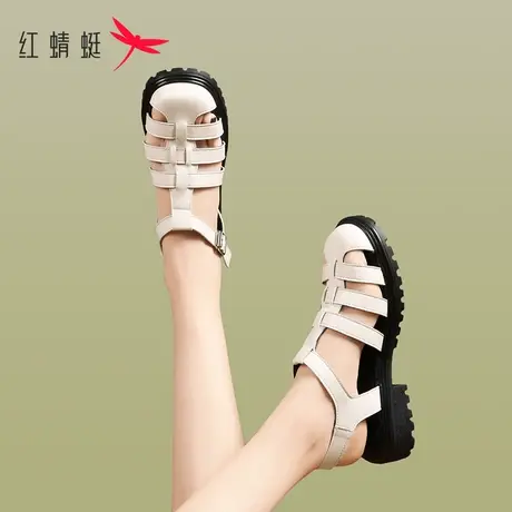 红蜻蜓罗马凉鞋女2023年夏季新款平底编织镂空猪笼鞋软底包头凉鞋商品大图