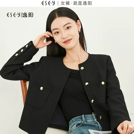 逸阳黑色v领复古小香风外套女2023秋新款休闲宽松显瘦短款上衣商品大图