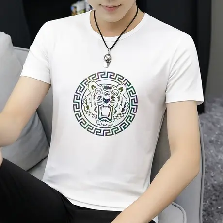 莫代尔白色t恤男短袖圆领上衣服潮流夏季冰丝凉感半袖印花体恤衫图片