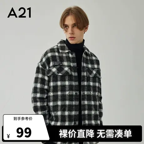 A21outlets冬季男装棉服宽松翻领长袖外套潮牌黑白格子男生棉衣商品大图