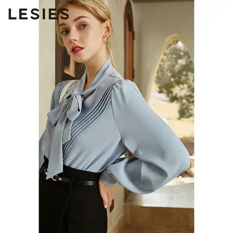 LESIES蓝色倾情春女装优雅蝴蝶结系带V领轻职风OL衬衫长袖上衣商品大图