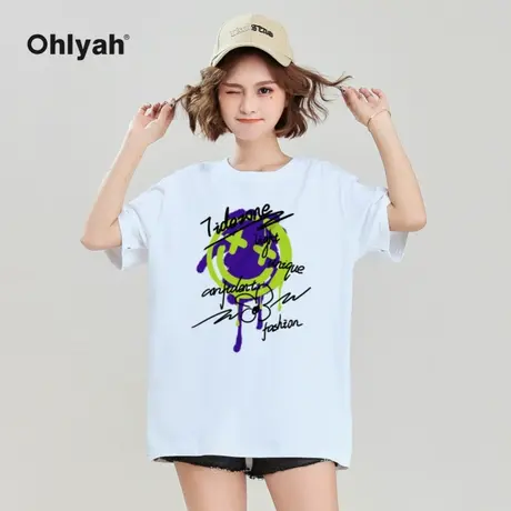 Ohlyah白色夏季新款宽松休闲纯棉潮牌T恤女卡通字母笑脸短袖上衣图片