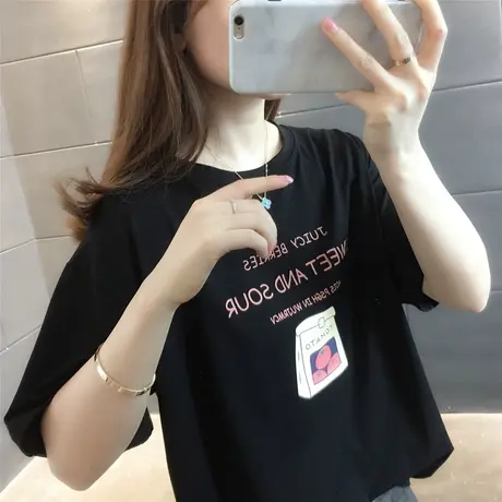 夏2023新款字母简单黑色t恤女上衣短袖韩版卡通百搭宽松T恤ins潮图片