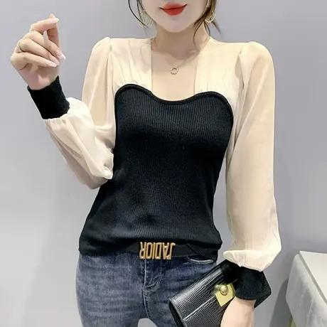 女装2023新款潮法式方领泡泡袖T恤网纱拼接上衣百搭打底衫女长袖商品大图