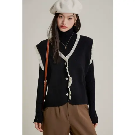 弥古小香风黑色针织马甲开衫设计感毛衣背心马夹女秋冬荷叶边上衣商品大图
