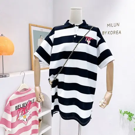 韩国东大门连衣裙2023夏款原宿风港味休闲polo领中长款T恤裙宽松商品大图