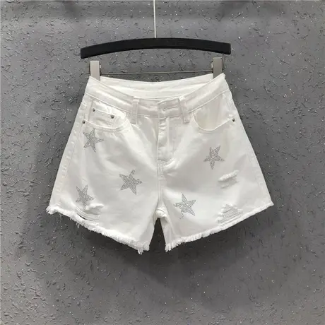 艾天丽白色烫钻牛仔短裤女春夏新款港味破洞个性宽松显瘦阔腿热裤图片