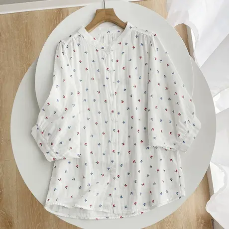 夏季日系文艺小清新双层棉纱七分灯笼袖白衬衫女宽松休闲中袖上衣图片