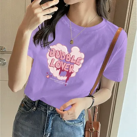 美式t恤圆领短袖女夏季2023新款宽松大码纯棉小众不撞款上衣半袖图片