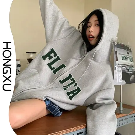 红续冬季新款连帽卫衣外套女款2023美式街头风灰色开衫上衣加厚图片