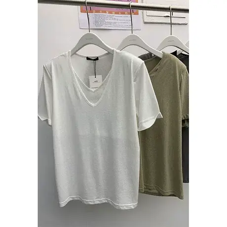 十三行女装新款韩版2023基础简约百搭短袖假两件v领设计感T恤上衣商品大图