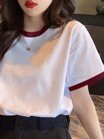 撞色短袖t恤女2023新款夏季小个子设计感小众大码上衣内搭打底衫图片