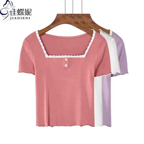 夏季新款韩版纯棉修身显瘦方领短款高腰荷叶边短袖纯色体恤上衣女商品大图