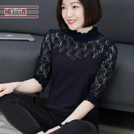 2023年新款秋季白色蕾丝中袖t恤女半高领妈妈七分袖纯色上衣黑色商品大图