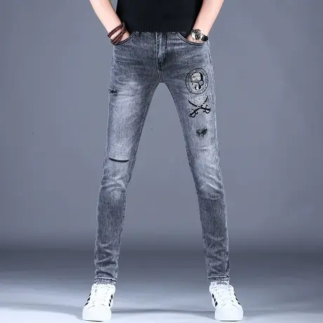 美式高街破洞烫钻牛仔裤男款灰色高端潮牌2023新款裤子男修身小脚图片