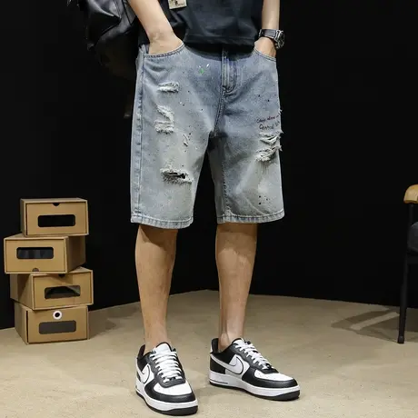 潮牌破洞牛仔短裤男士五分裤夏季宽松大码2023新款5分裤子男裤夏商品大图