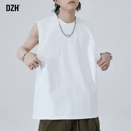 男士网红无袖宽肩背心美式坎肩白色重磅t恤男夏季篮球服上衣砍袖商品大图
