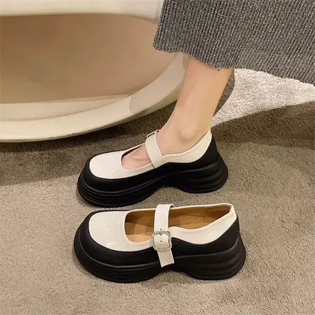 单鞋女2023新款夏季厚底小个子英伦风小皮鞋法式晚风粗跟玛丽珍鞋商品大图