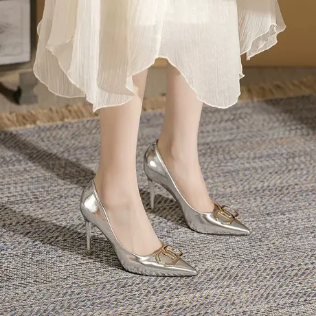 高跟鞋女细跟2023年新款春秋季宴会礼仪性感尖头软皮单鞋配裙子商品大图