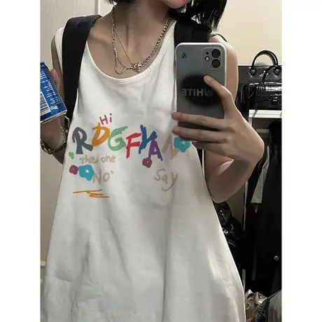 纯棉吊带运动坎肩背心无袖t恤女夏季外穿篮球服宽松港风挂脖上衣商品大图