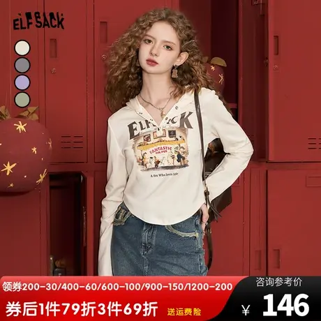 妖精的口袋连帽印花短款t恤女2023秋季新款美式复古bm风辣妹上衣商品大图