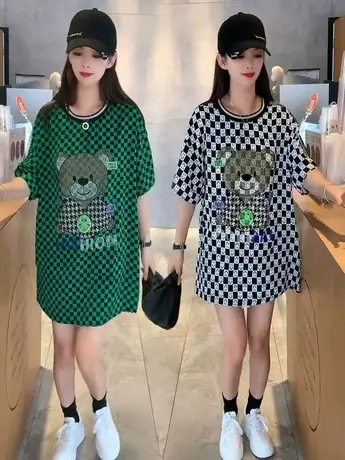 欧货重工卡通烫钻T恤女韩版时尚设计感露肩圆领宽松显瘦格子上衣图片