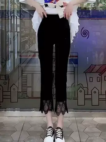 小个子微喇叭瑜伽裤女薄款夏新款韩版裤脚拼接蕾丝八分鲨鱼打底裤商品大图