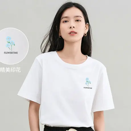 茵曼2023夏女装休闲短袖T恤圆领印花花卉上衣图片