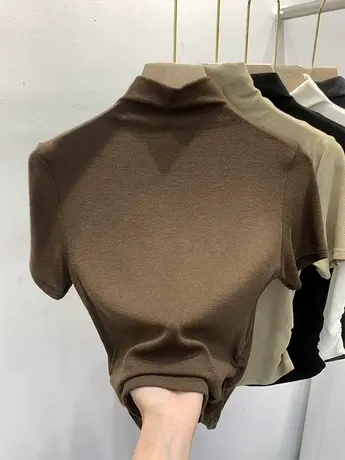 欧货半高领羊绒女装2023早秋新款短袖上衣修身T恤冰丝纯色打底衫图片