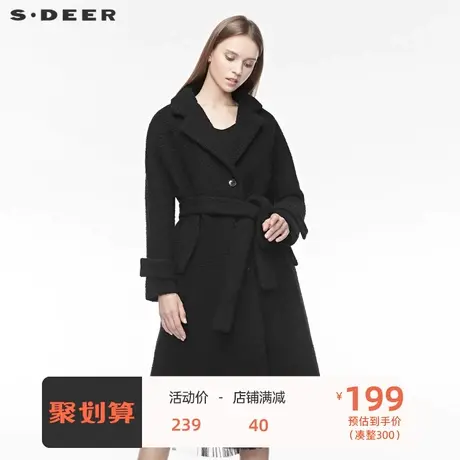 sdeer圣迪奥女新款时尚平驳领单排扣插袋收腰纯黑大衣S19481834🤓图片