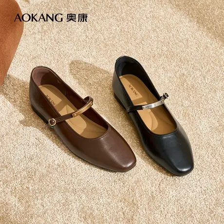 奥康女鞋春新款复古时尚一字扣法式浅口低跟金属玛丽珍单鞋图片