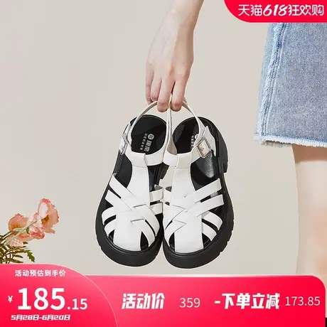 康奈女鞋2025春夏季新款厚底罗马凉鞋女真皮复古休闲包头猪笼鞋图片