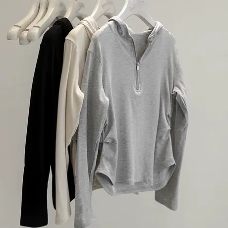 侧边褶皱长袖T恤女初秋修身显瘦百搭韩版设计感小众连帽打底上衣商品大图