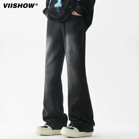 VIISHOW黑色微喇牛仔裤男生春秋季修身弯刀裤子宽松直筒阔腿长裤图片