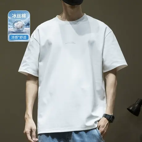 冰丝印花短袖T恤男2025夏季新款宽松大码加肥重磅男士五分袖体恤商品大图