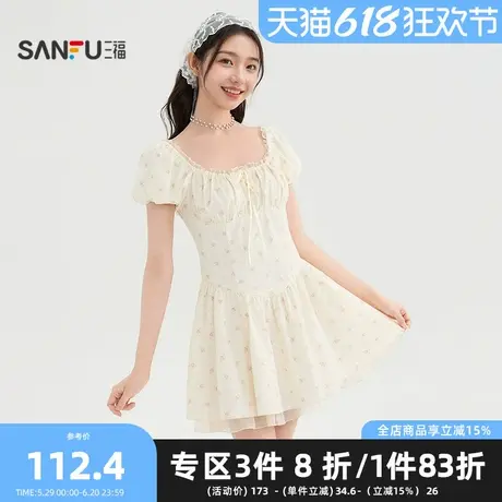 三福连衣裙2025夏季方领抽绳泡泡袖碎花收腰短裙女装500254图片