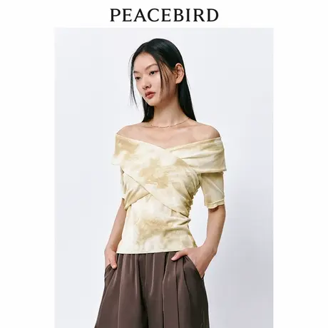 【昕怡粉丝专享】太平鸟 女士V领印花衬衫夏一字领衬衣拼色时尚不图片