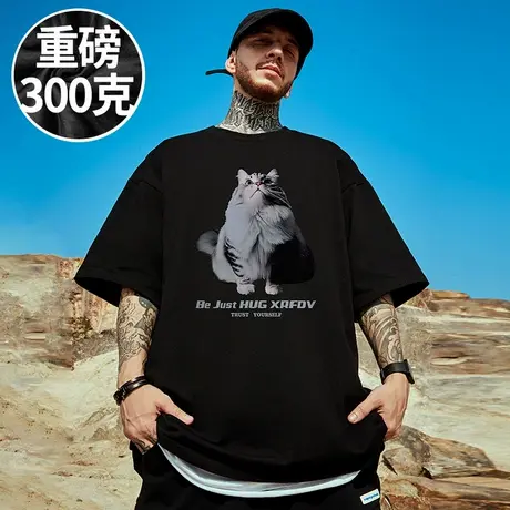 100%纯棉300g重磅美式潮牌宽松情侣T恤短袖加肥加大码男装半袖夏商品大图